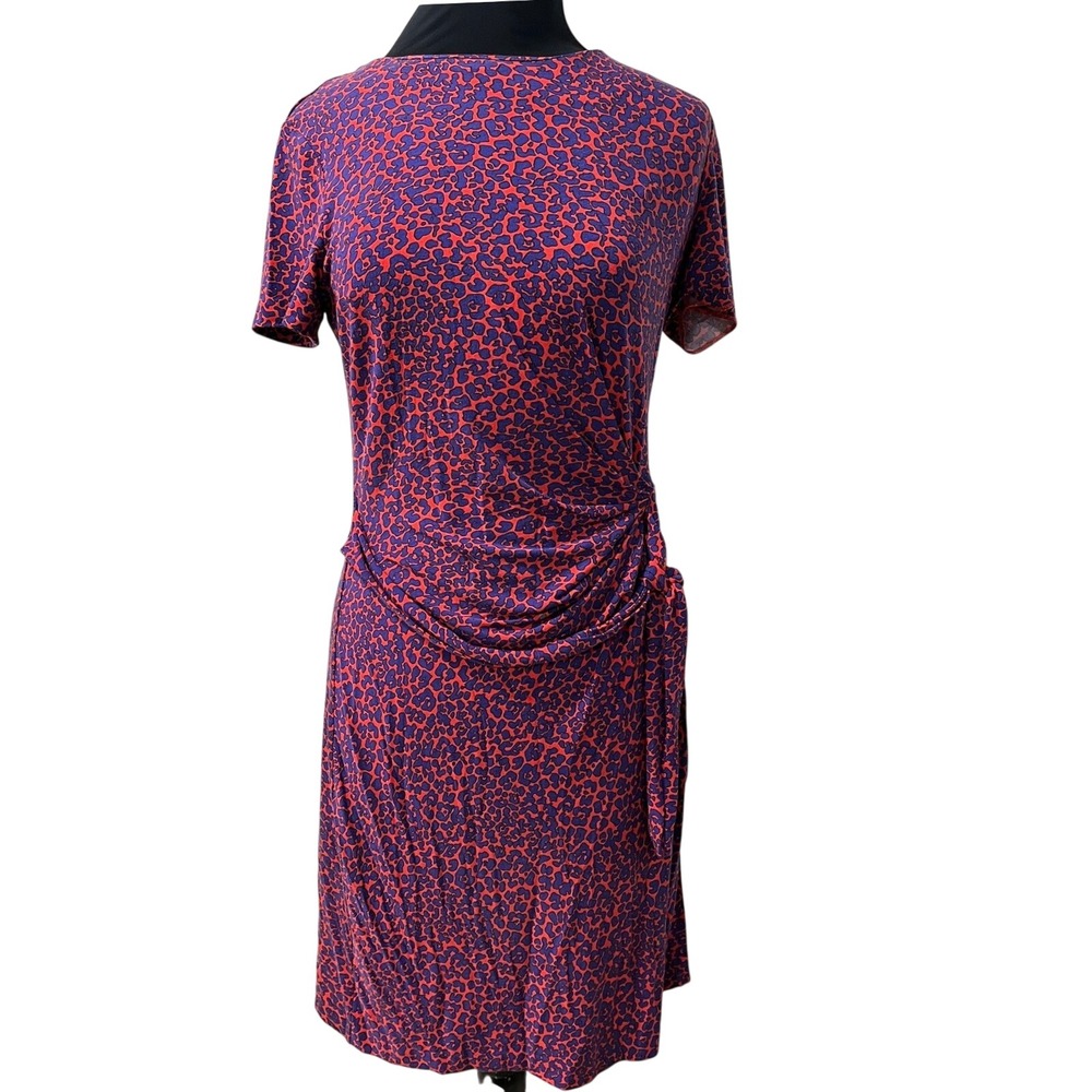 Diane von Furstenberg Red Purple Leopard Print Draped Jersey Sheath Dress 8